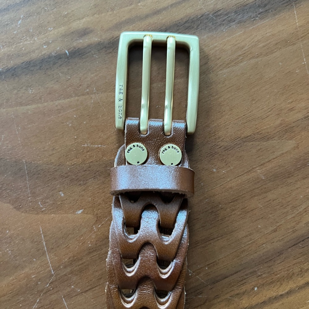 Rag & Bone Brown Leather Woven Belt with Gold Buckle